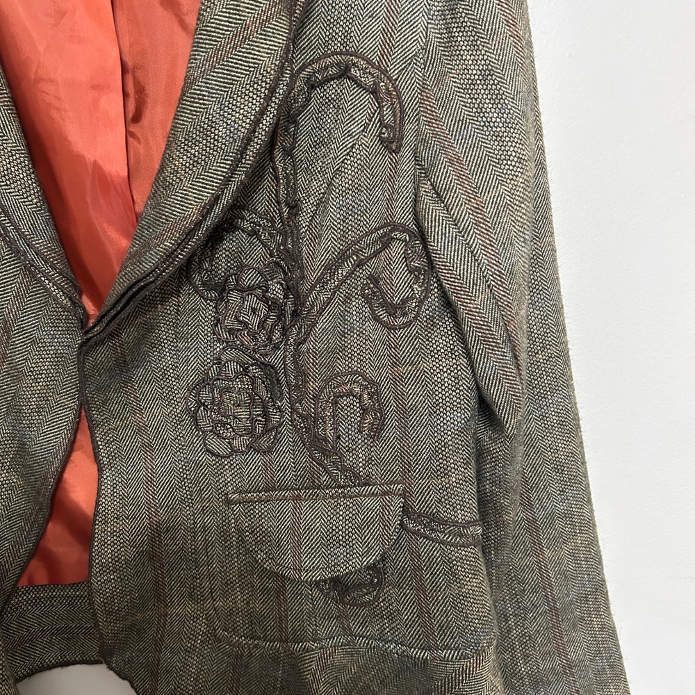 Women's Cottagecore Blazer 10 Brown Herringbone Floral Embroidered Dark Academia - Picture 8 of 12